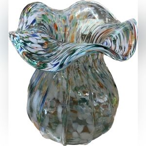Blown Glass Confetti Ruffled Scalloped Rim Flower Vase